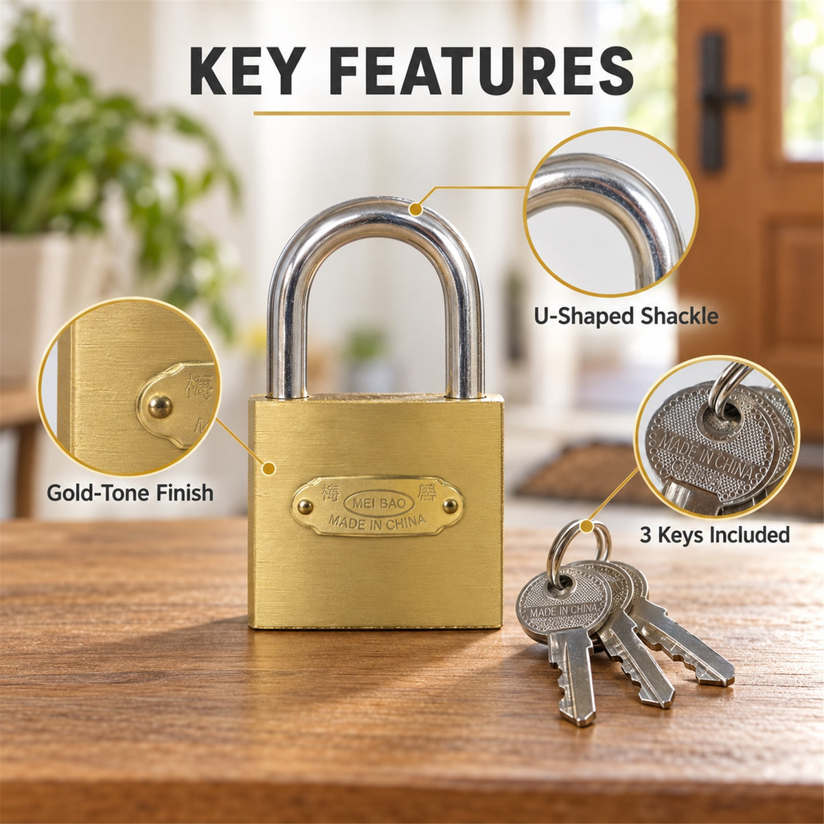 Overview of solid imitation copper lock.