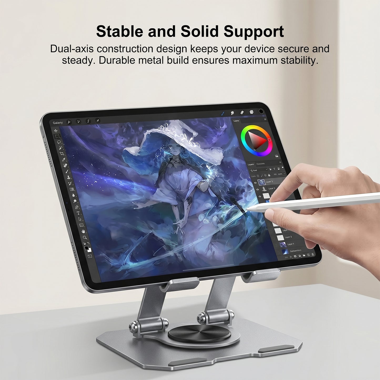 Close-up of metal tablet holder stand