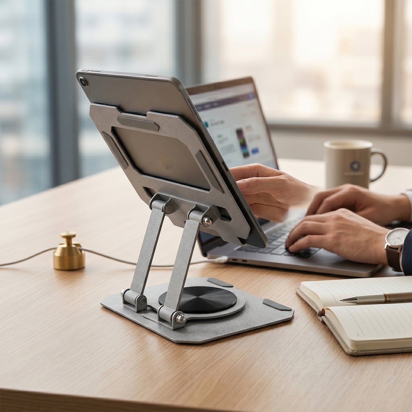 Adjustable metal tablet stand with anti-slip pads