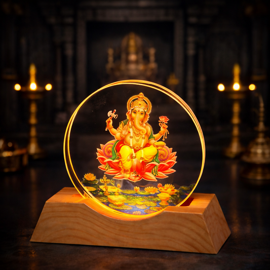 Lord Ganesha Acrylic LED Lamp with Wooden Base | Devotional Night Light