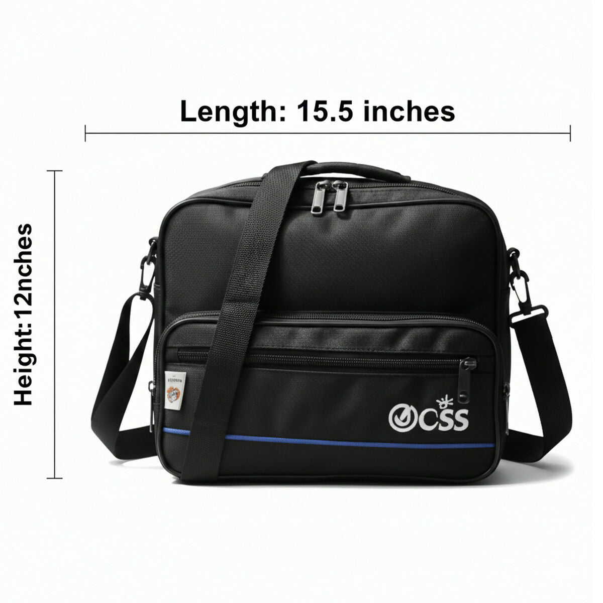Compact black messenger bag with blue trim suitable for office and daily use
