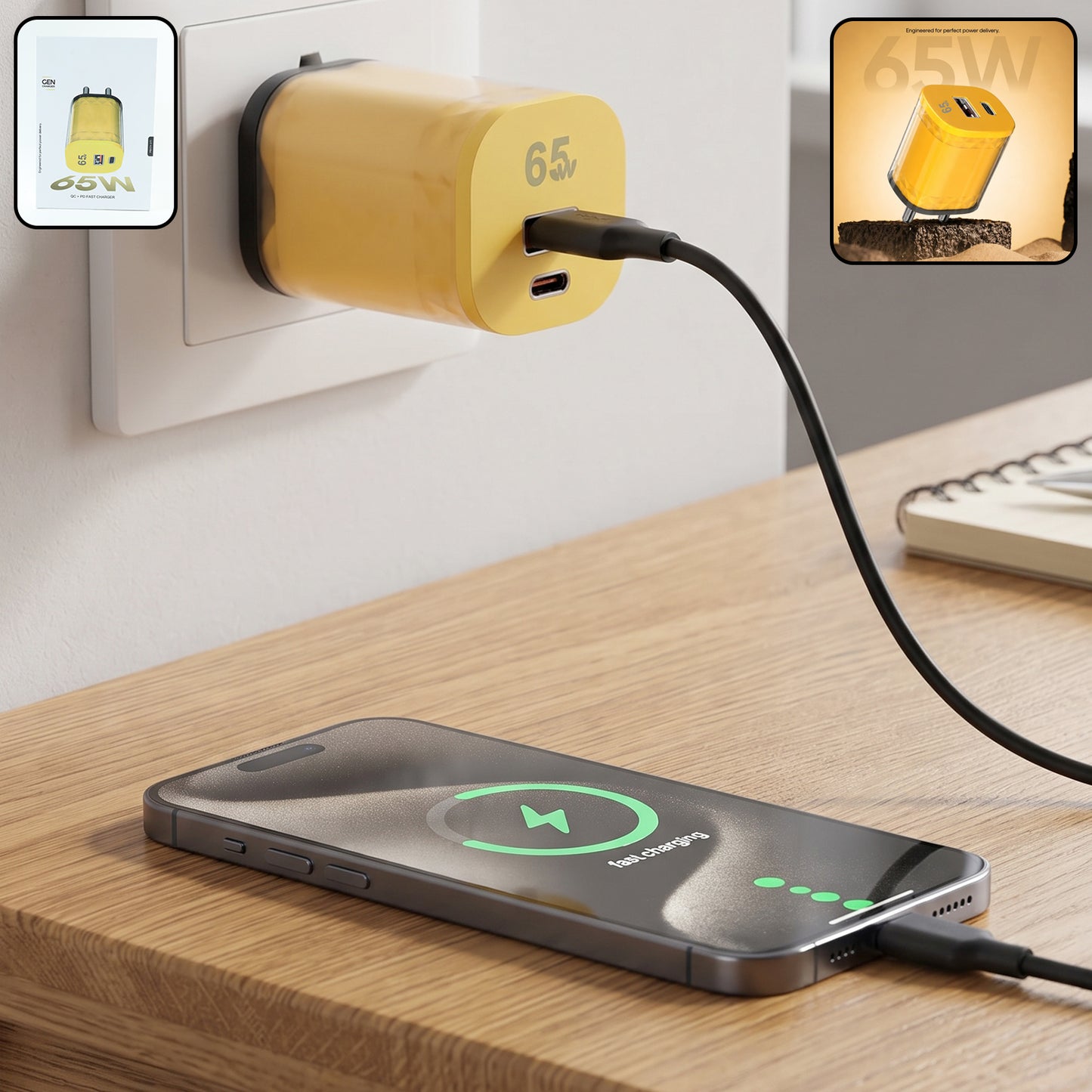 65W Fast Charger Adapter Dual Port USB A and Type C PD Wall Charger (1 Pc)