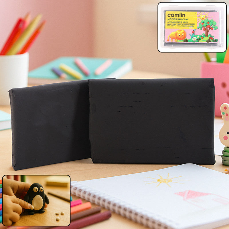 Camlin black modelling clay in a sealed container preserving softness