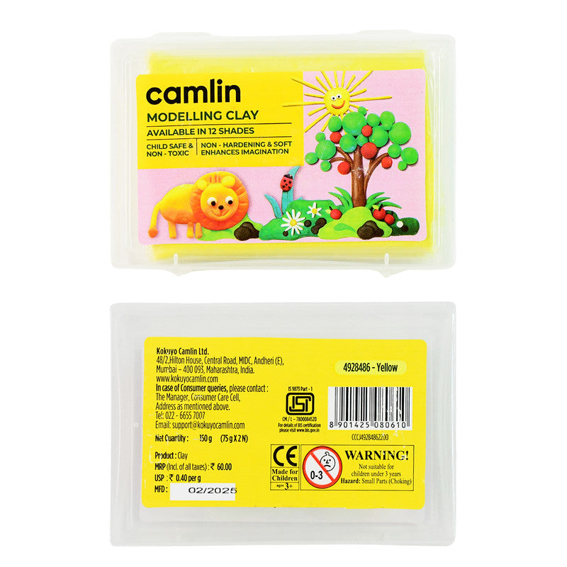 Camlin Modelling Clay – 150 gm Yellow Color Soft and Reusable Clay for Creative Crafting