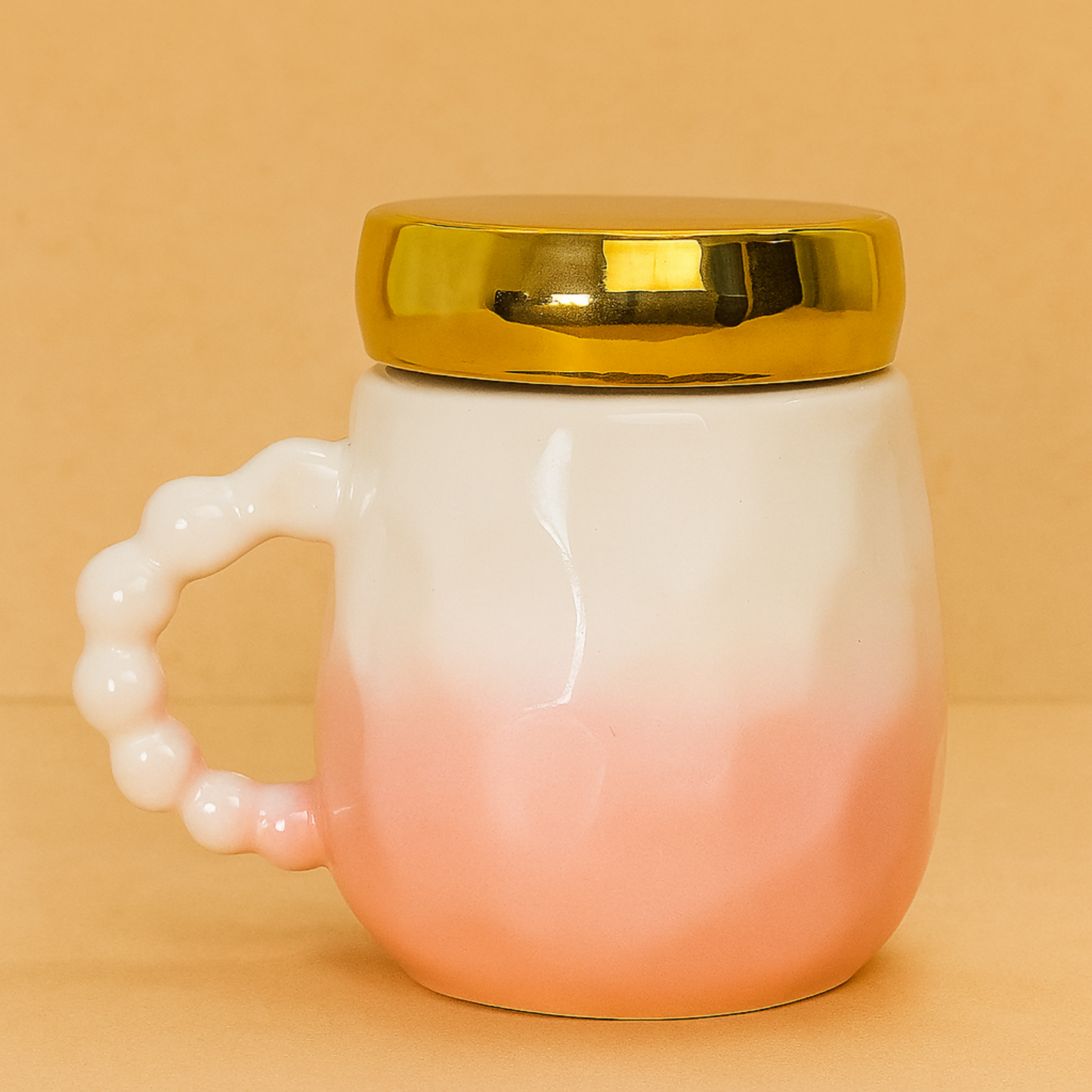 Premium Queen Ceramic Coffee Mug with Golden Lid – Elegant Pink and White Gradient Cup with Pearl Handle – Luxury Glossy Finish Mug for Tea, Coffee & Gifting