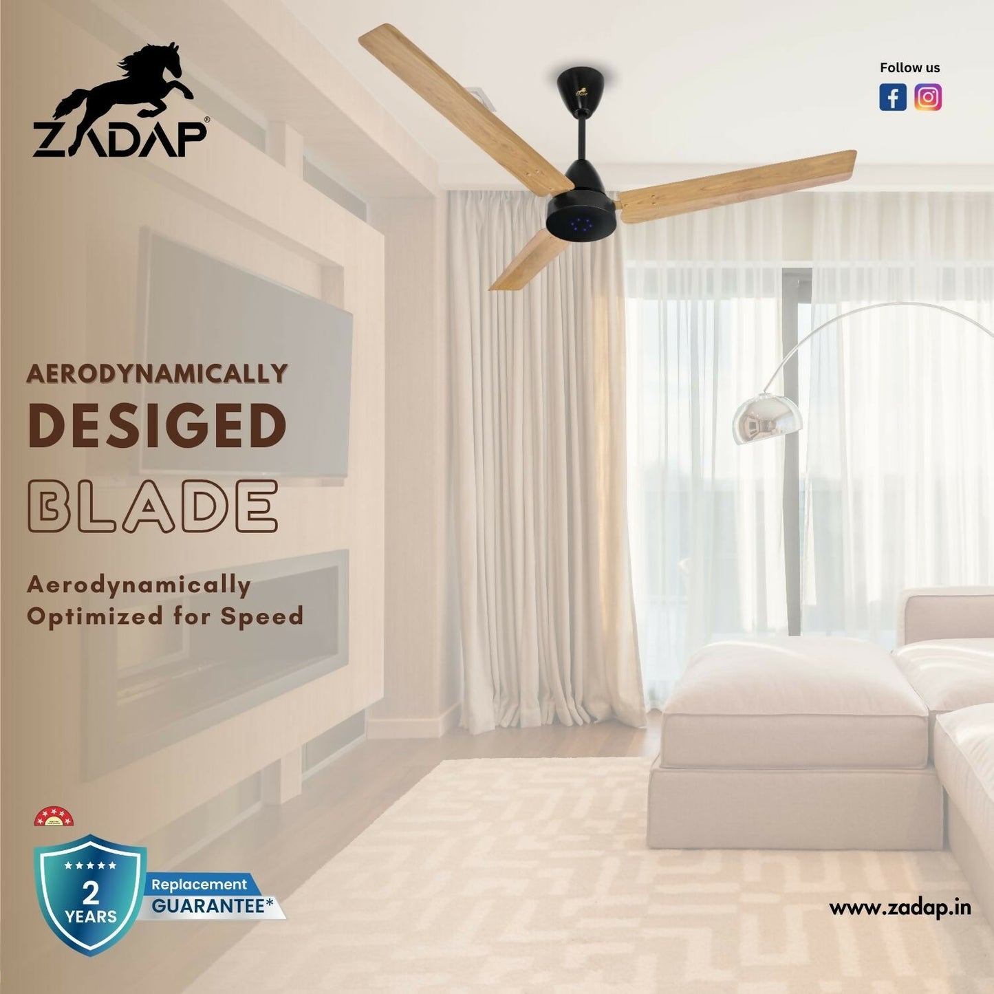 Zadap STROM ceiling fan mounted in modern living room