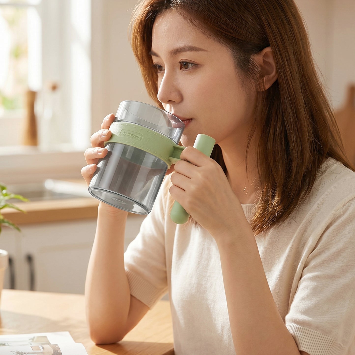 Transparent Plastic Cup with Handle Reusable Water Tea and Coffee Mug (1 Pc) view 3