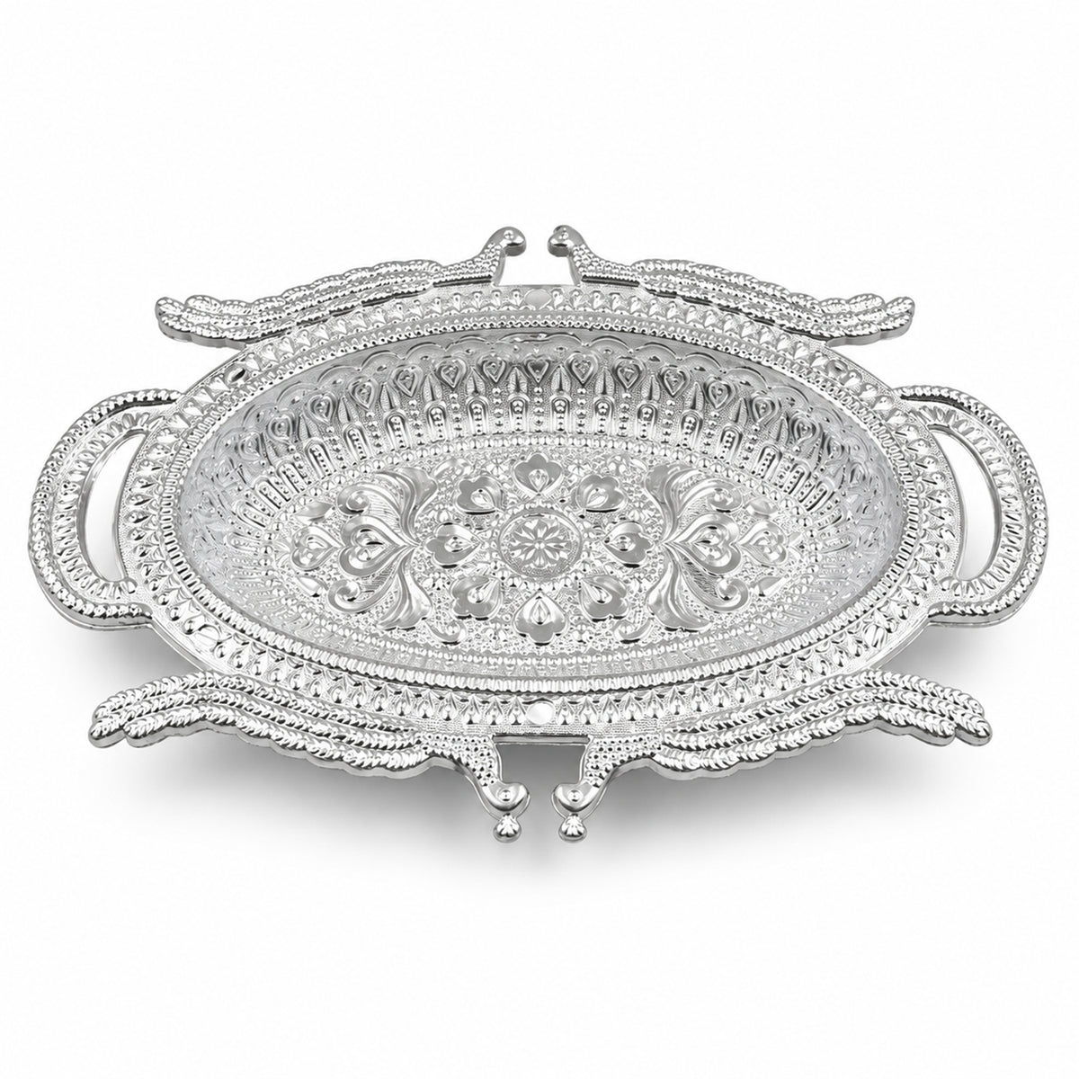 Empty silver-colored ornate serving tray with intricate embossed patterns on a white background.