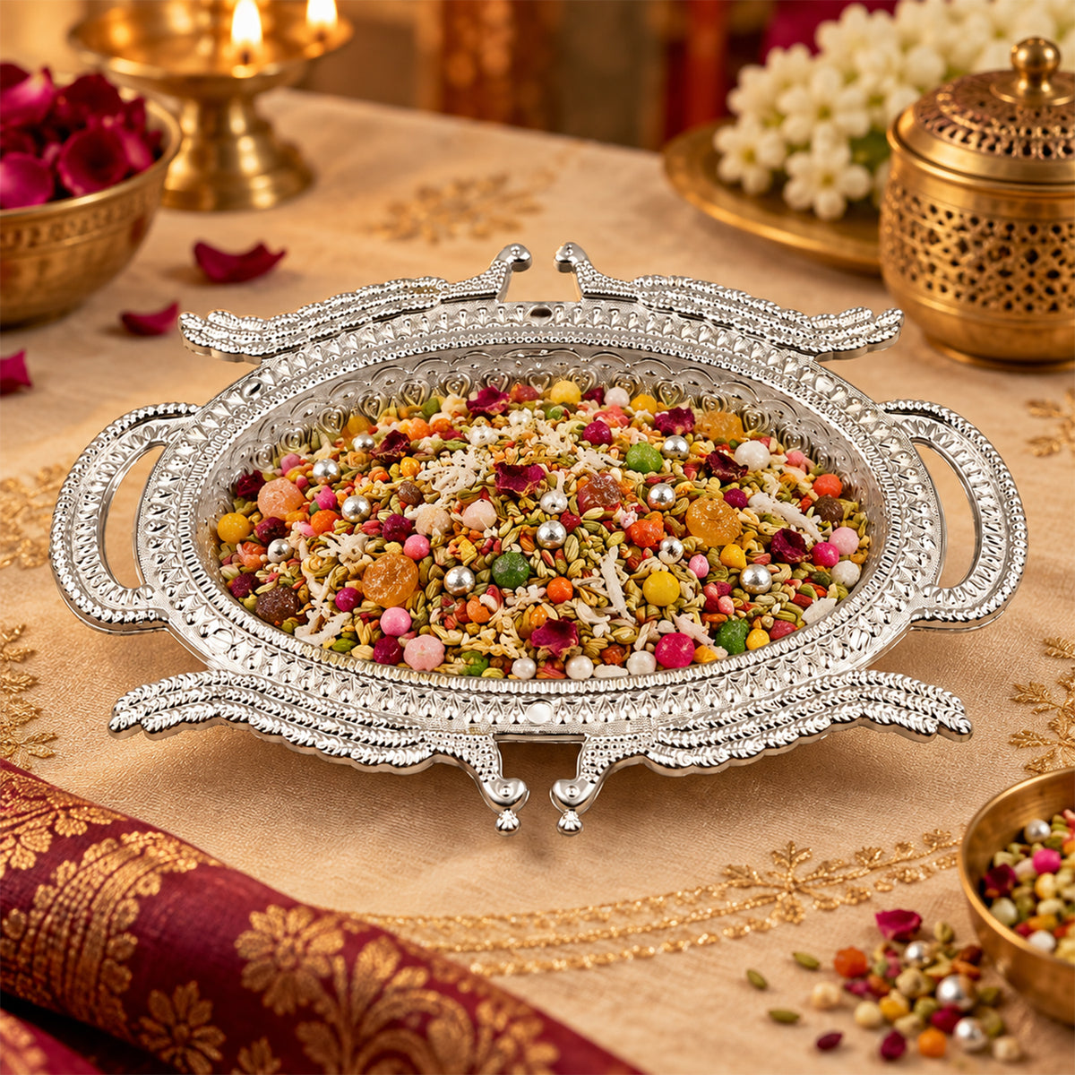 Silver-colored serving tray with mukhwas on a decorated table with golden accents and blurred background.