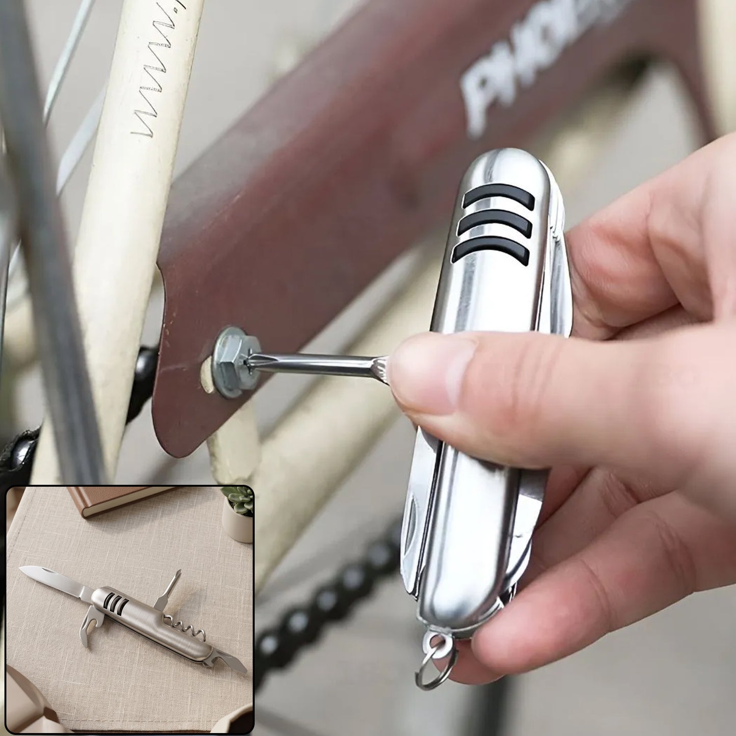 A hand uses the silver multi-tool's screwdriver to tighten a bolt on a bicycle fender.
