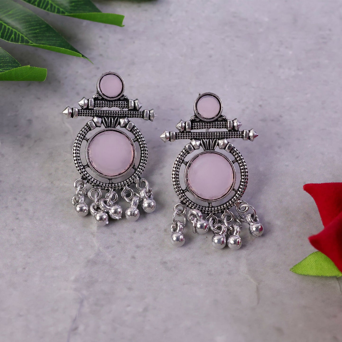 Pink Stone Earrings showing silver bead Ghungroos