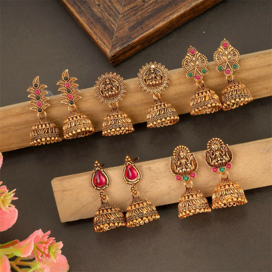 Traditional Antique Gold-Plated Temple Jhumka Earrings Combo Set for Women & Girls (Set of 5)