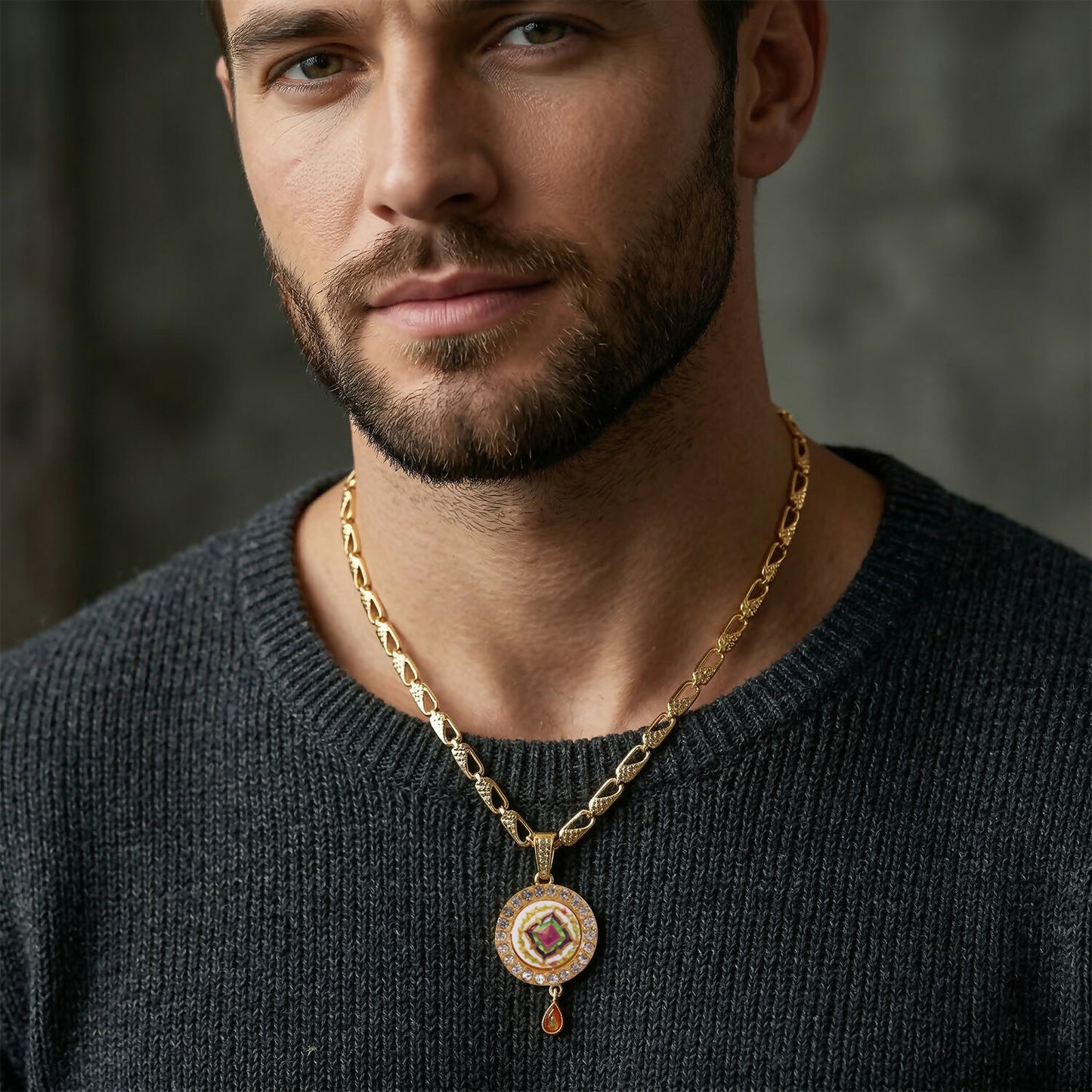 Gold Pendant Necklace with Colorful Mandala & Stone Border