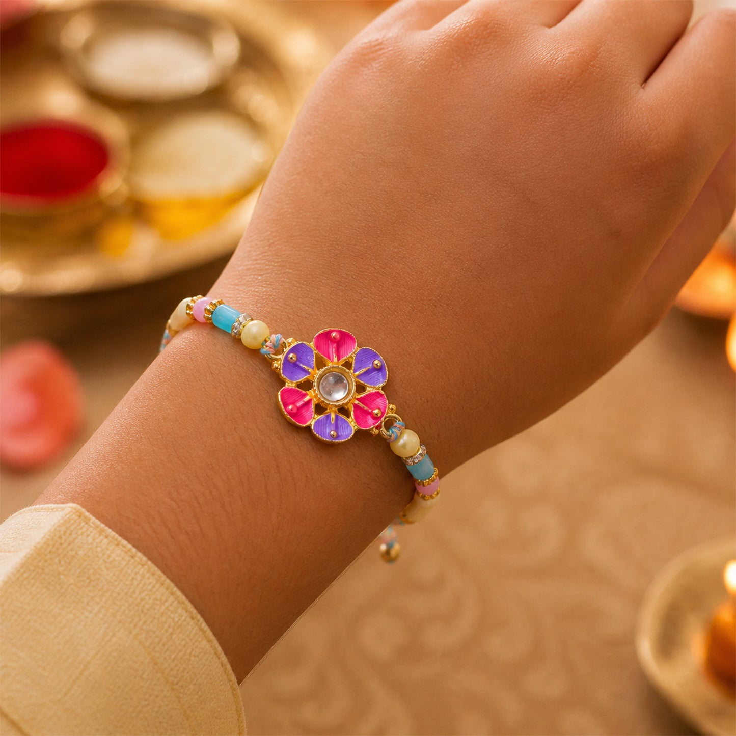 Purple and Pink Flower Kundan Pendant Rakhi with Pastel Beads