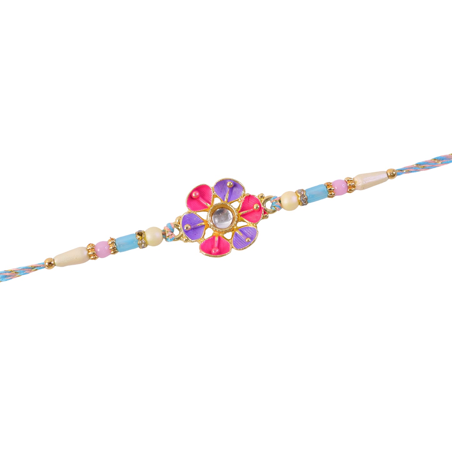 Purple and Pink Flower Kundan Pendant Rakhi with Pastel Beads