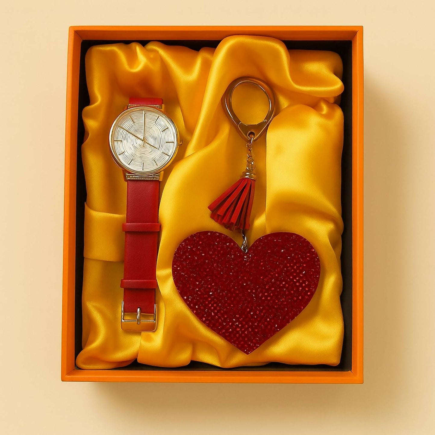 Stylish Leather Strap Analog Watch with Sparkling Heart Keychain – Elegant Gift Set for Women & Girls, Fashion Wrist Watch Combo with Charm Accessory in Gift Box