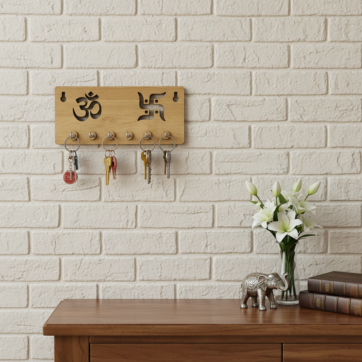 Wooden Key Holder for Wall – Om & Swastik MDF Key Organizer with 6 Hooks | Spiritual Wall Key Stand for Home Décor