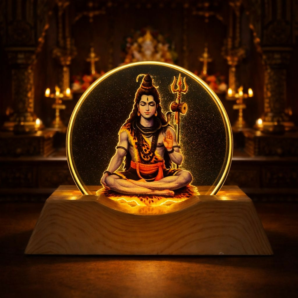 LED Lord Shiva Acrylic Lamp with Wooden Base Spiritual Decor