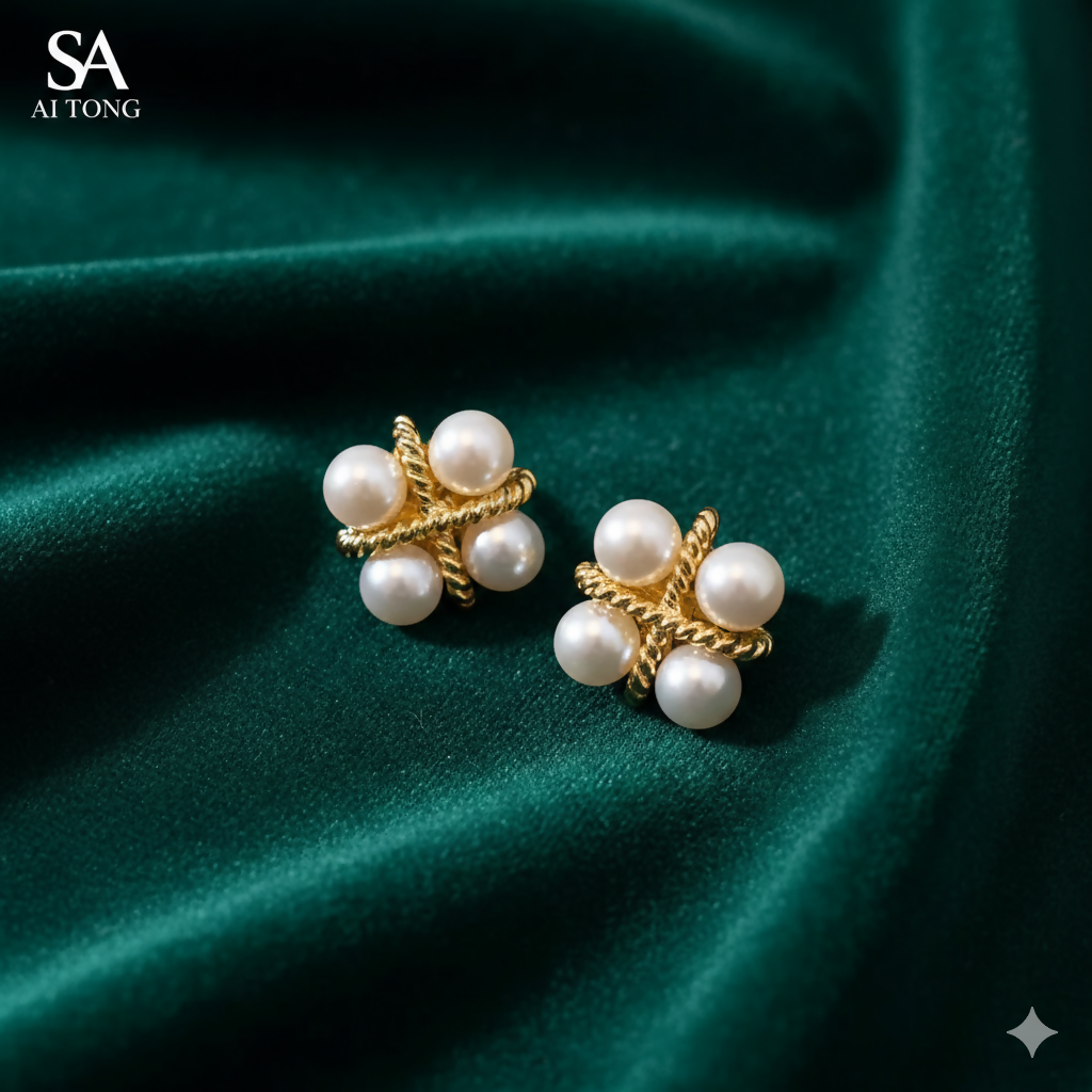 Korean Vintage Twisted Gold & Quad Pearl Studs For Girls And Women