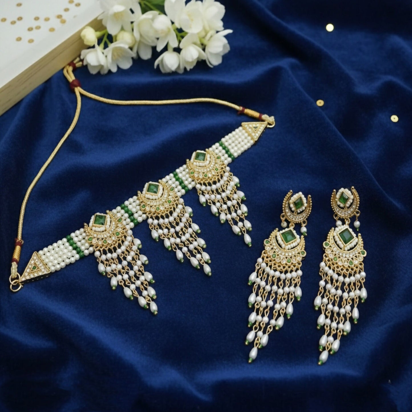 Elegant Emerald & Pearl Choker Necklace Set with Chandbali Jhumka Earrings