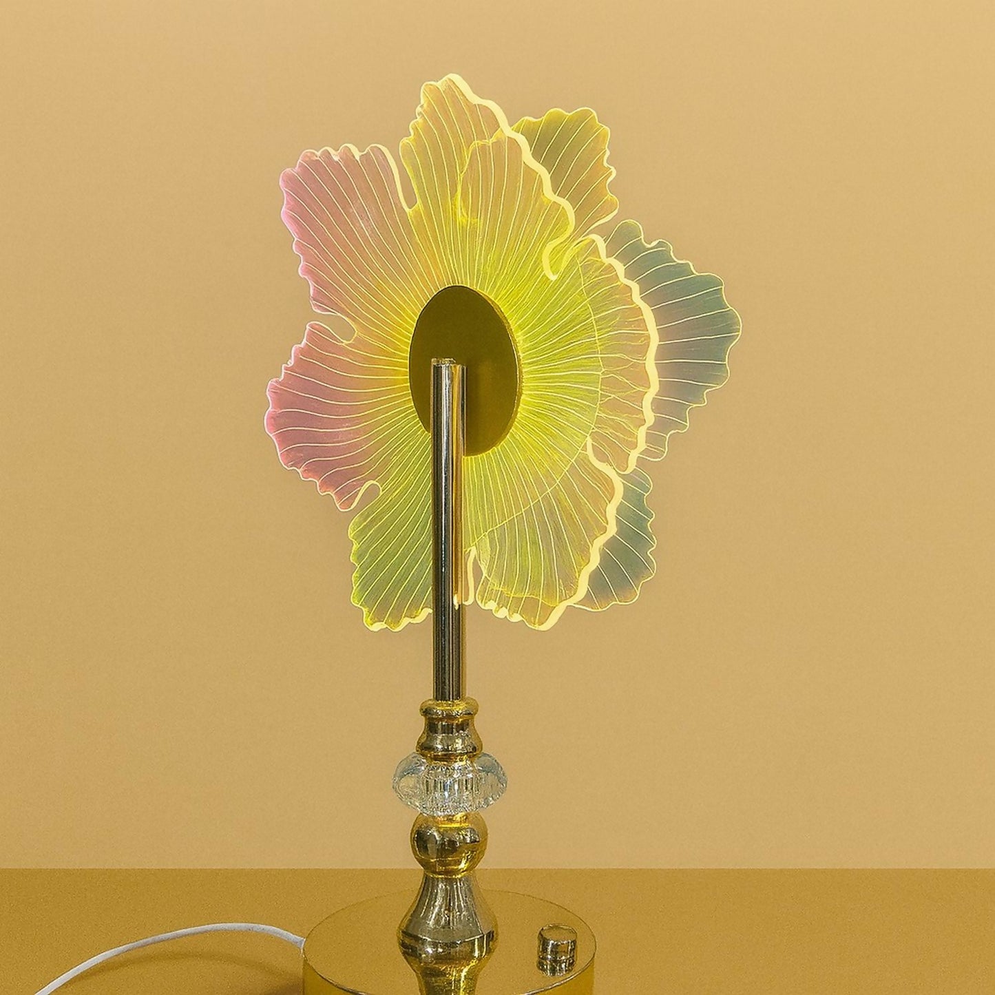 Luxury Crystal Base LED Acrylic Flower Table Lamp with Multicolor 3D Illusion Light, Modern Decorative Bedside Night Lamp for Bedroom, Living Room & Gifting