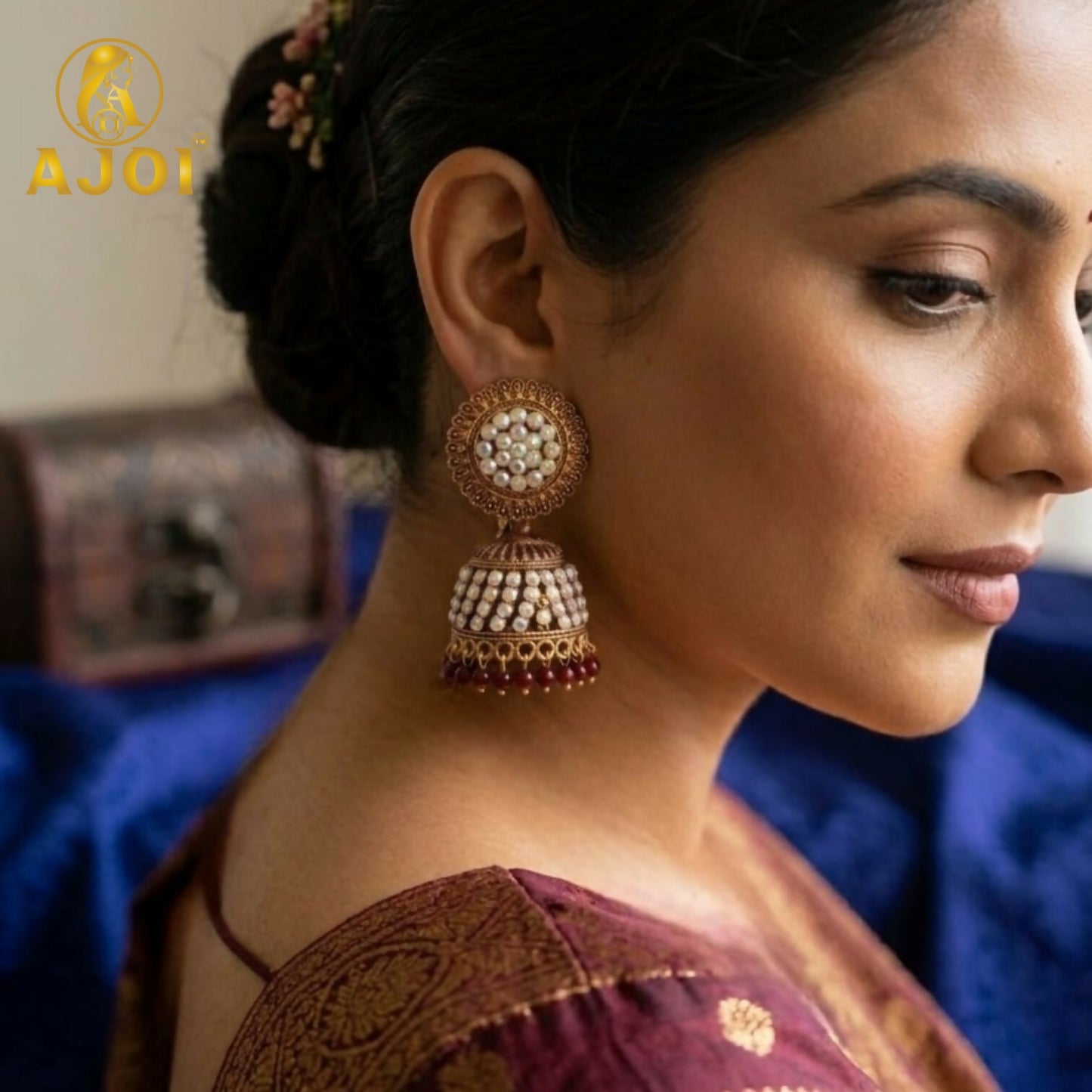 Antique Gold Pearl Jhumka Earrings with Maroon Ethnic Design