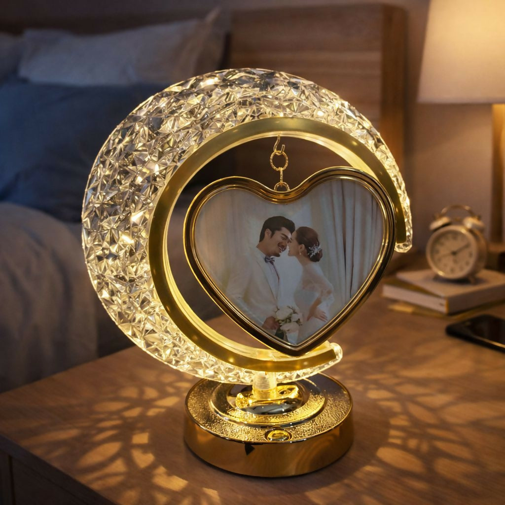 LED Crystal Heart Photo Frame Lamp with Decorative Base | Table Night Light