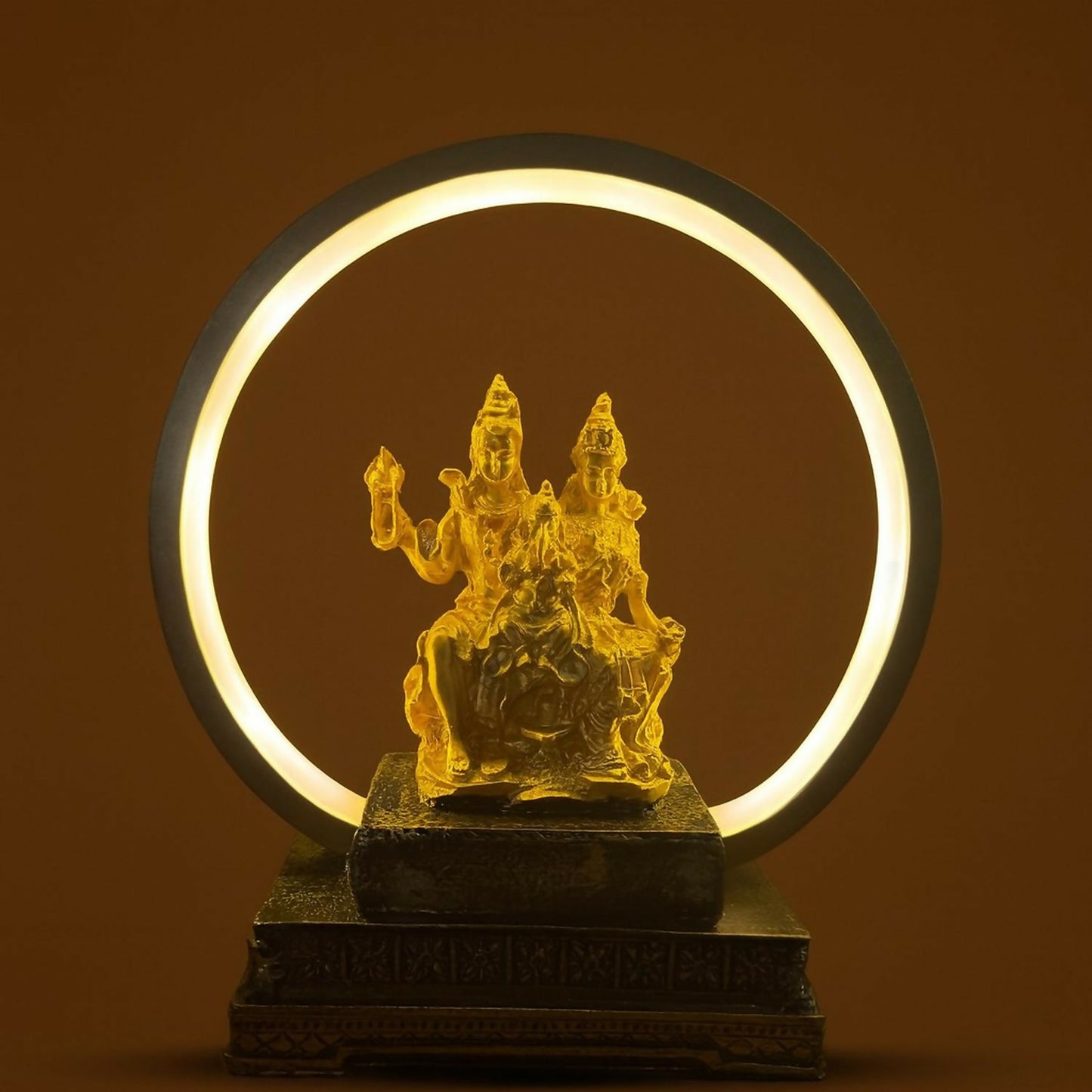 Golden Shiv Parvati Ganesh LED Table Lamp with Decorative Ring Light | Spiritual Home Decor Night Lamp | Antique Finish Religious Gift for Puja Room, Living Room, Bedroom & Office | Divine God Idol with LED Circle Light