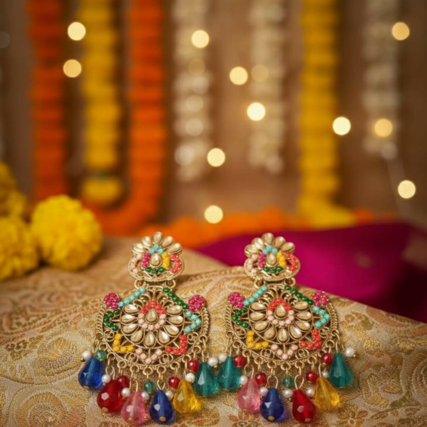 Royal Multicolor Kundan Chandbali Earrings.