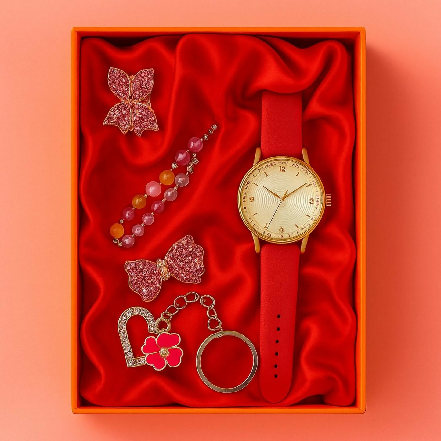 Women’s Luxury Analog Watch with Sparkling Dial, Bracelet & Keychain Combo | Elegant Square Dial Wrist Watch with Crystal Studs | Fashion Gift Set for Girls, Ladies & Women