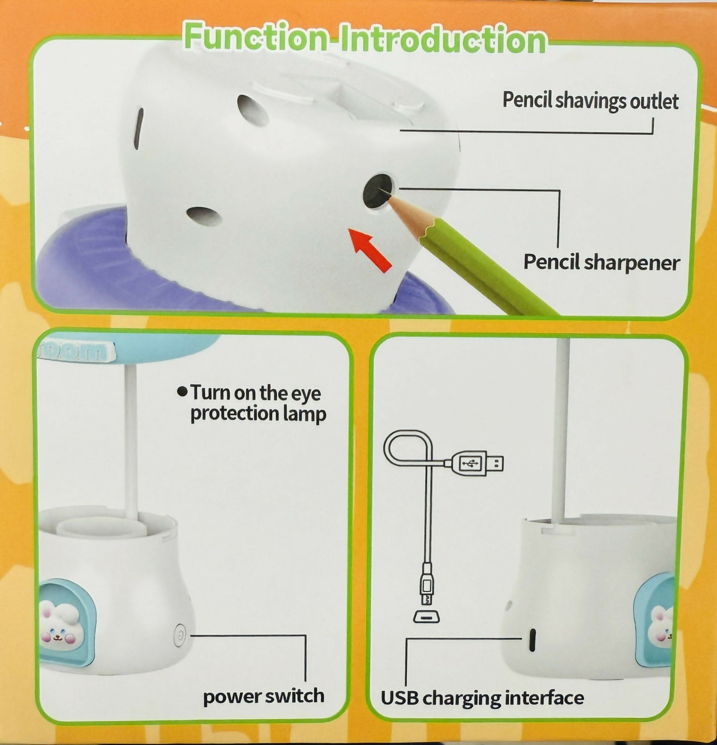 Pink Mushroom Study Table Lamp with Pencil Sharpener & USB Charging