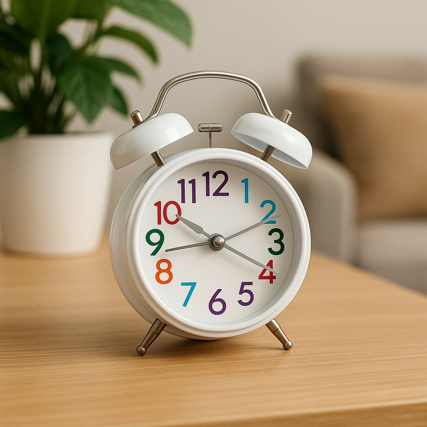 White Twin Bell Alarm Clock – Retro Loud Desk Clock with Multicolor Numbers