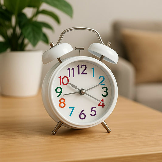 White Twin Bell Alarm Clock – Retro Loud Desk Clock with Multicolor Numbers
