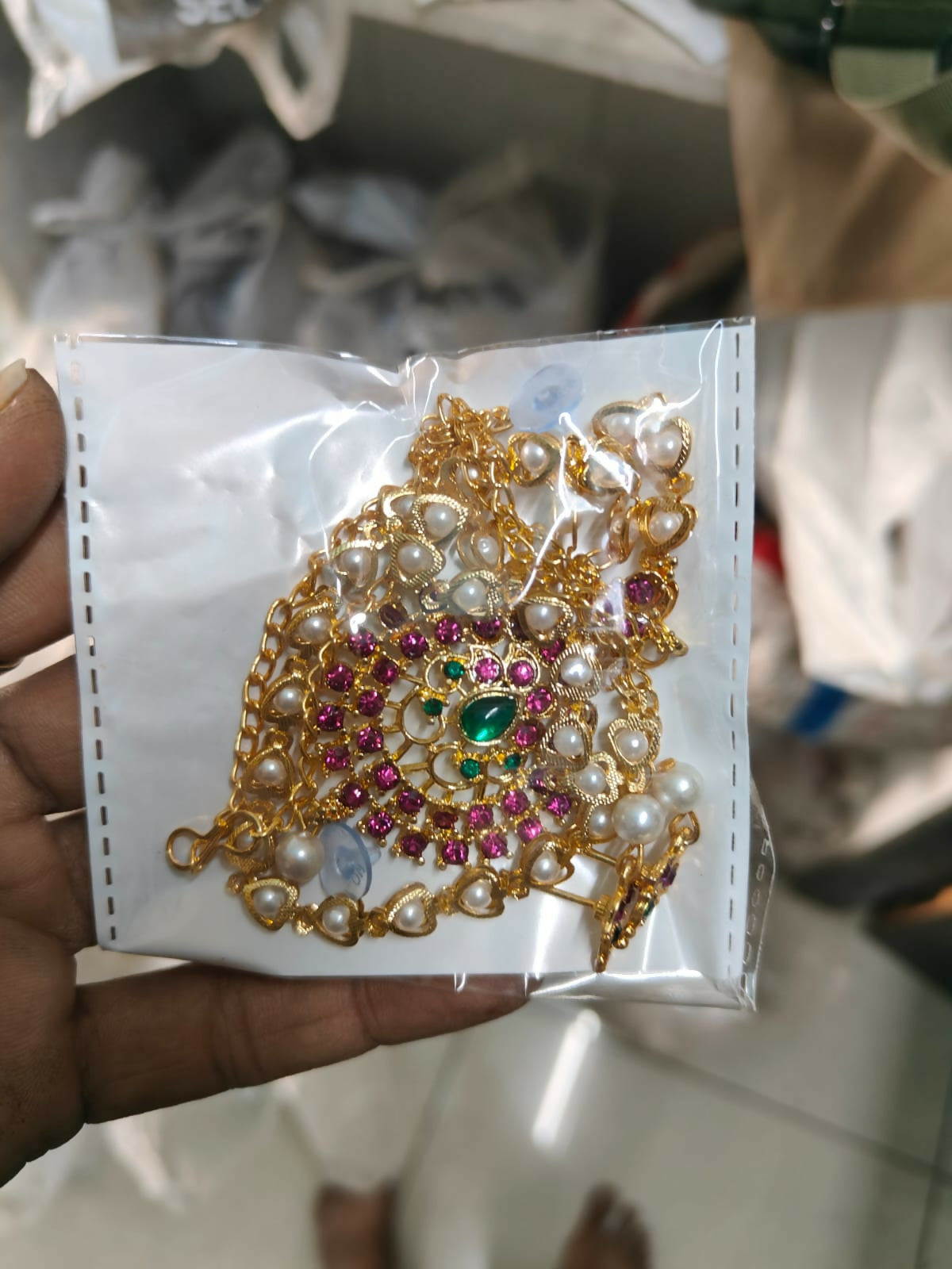 Gold-Tone Green-Pink & Crystal Flower Choker with Pearl Drops