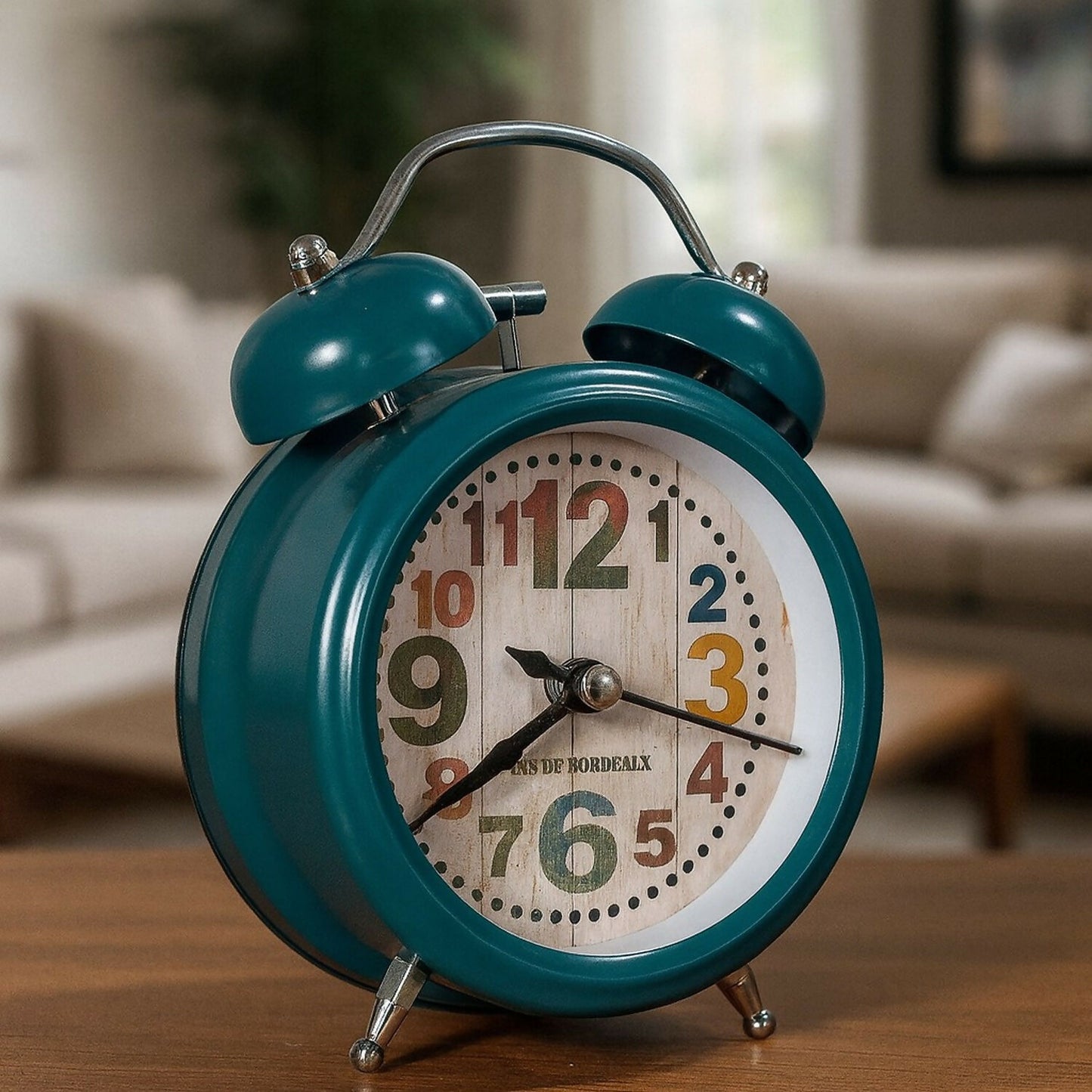 Vintage Twin Bell Alarm Clock for Bedroom & Desk, Teal Analog Silent Clock
