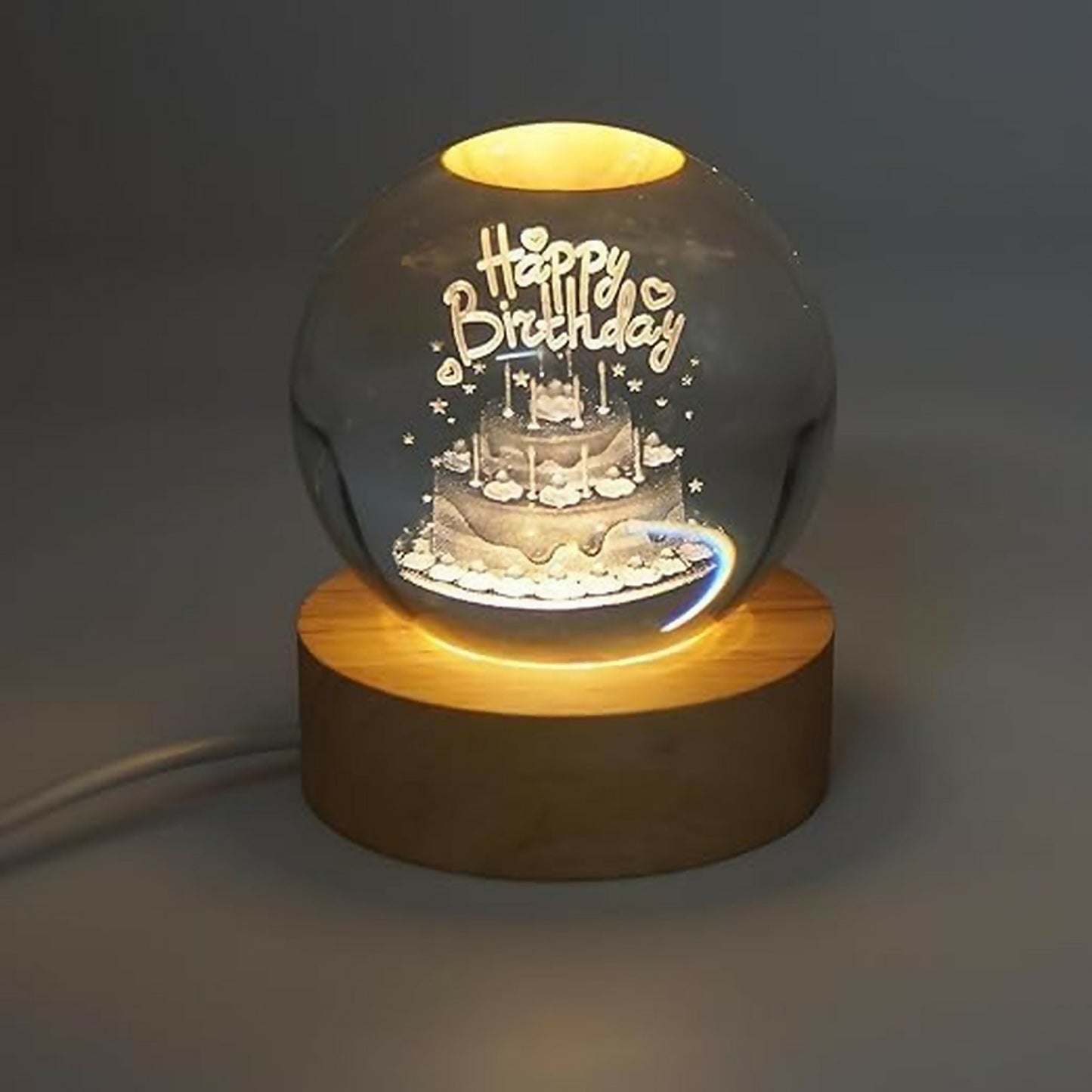 3D Crystal Ball Birthday LED Lamp with Wooden Base & Warm Light