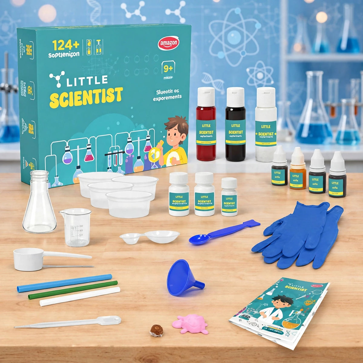 A Little Scientist experiment kit box and all its contents are neatly arranged on a wooden table.