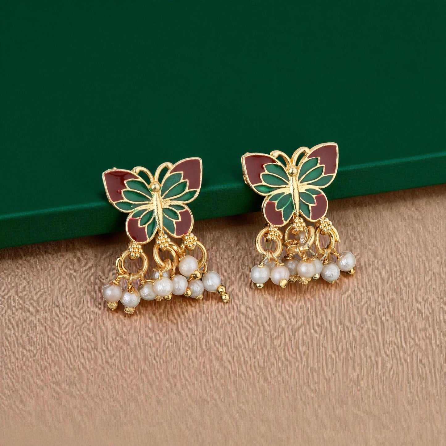 Gold-Plated Maroon & Green Enamel Butterfly Necklace Set with Pearl Drops