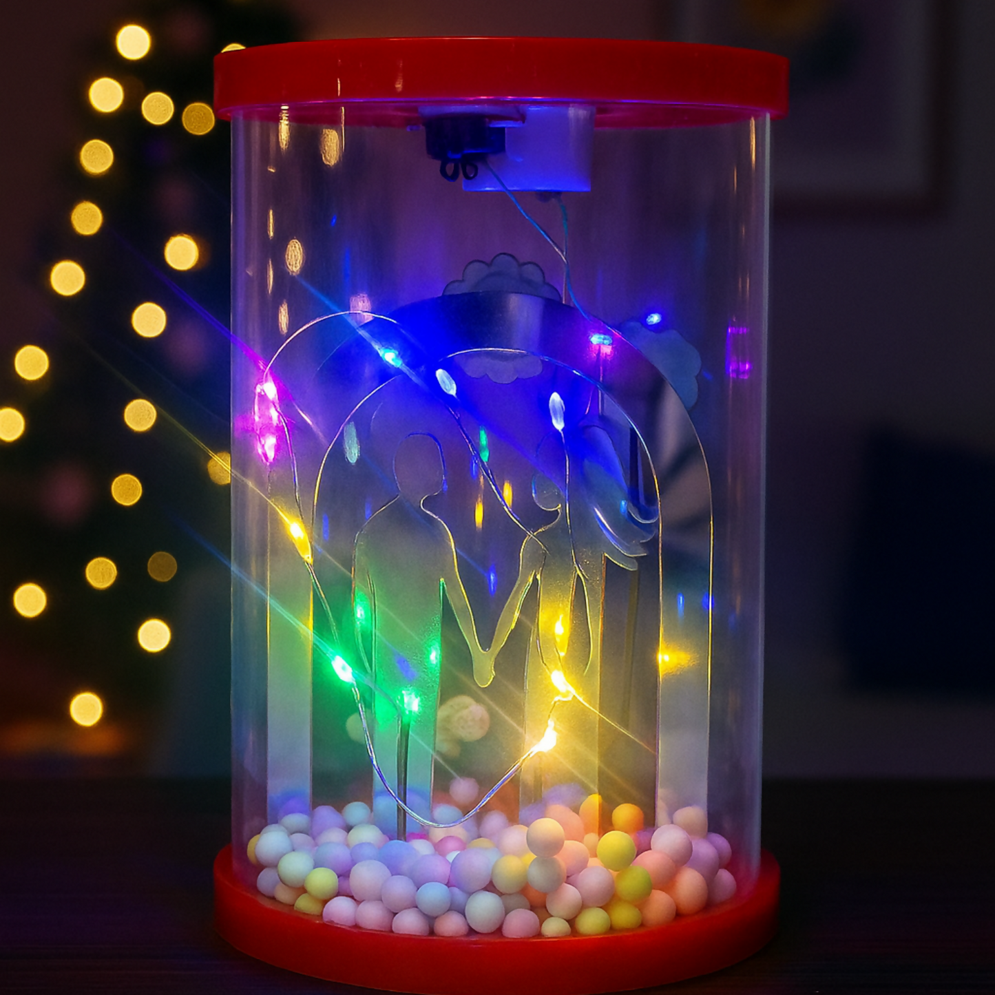 Romantic Couple Dome LED Night Lamp with Artificial Flowers & Pastel Beads | Transparent Acrylic Cylinder Gift Light | Decorative Showpiece for Bedroom, Living Room & Gifting – Warm Light, Battery Operated