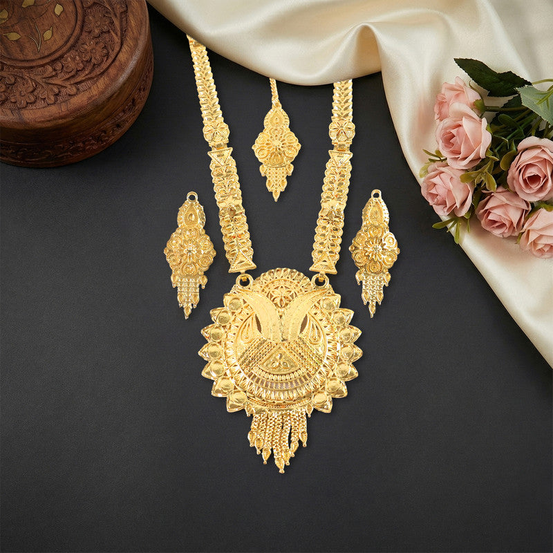 Luxury Bridal Gold-Finish Long Necklace Set with Traditional Engraved Pendant