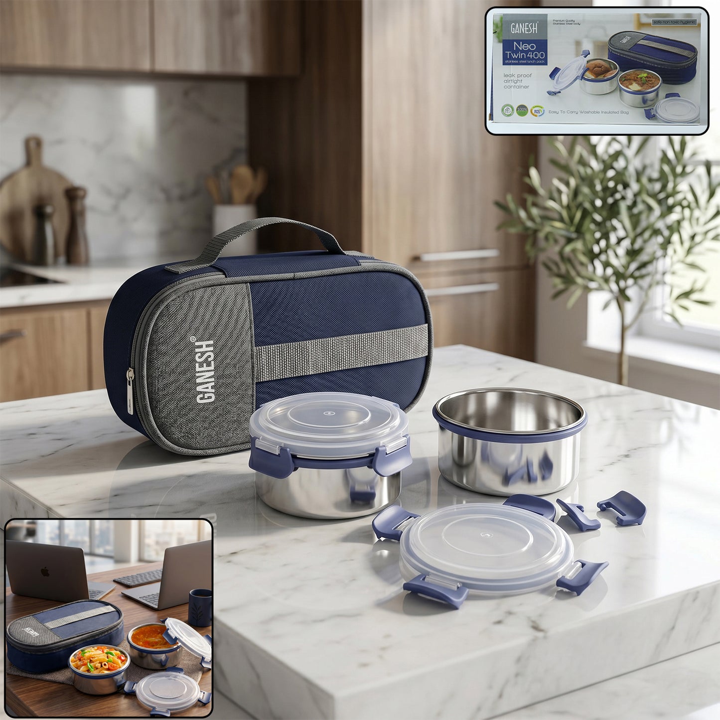 Ganesh Neo Twin 400 Lunch Box Set with Insulated Bag