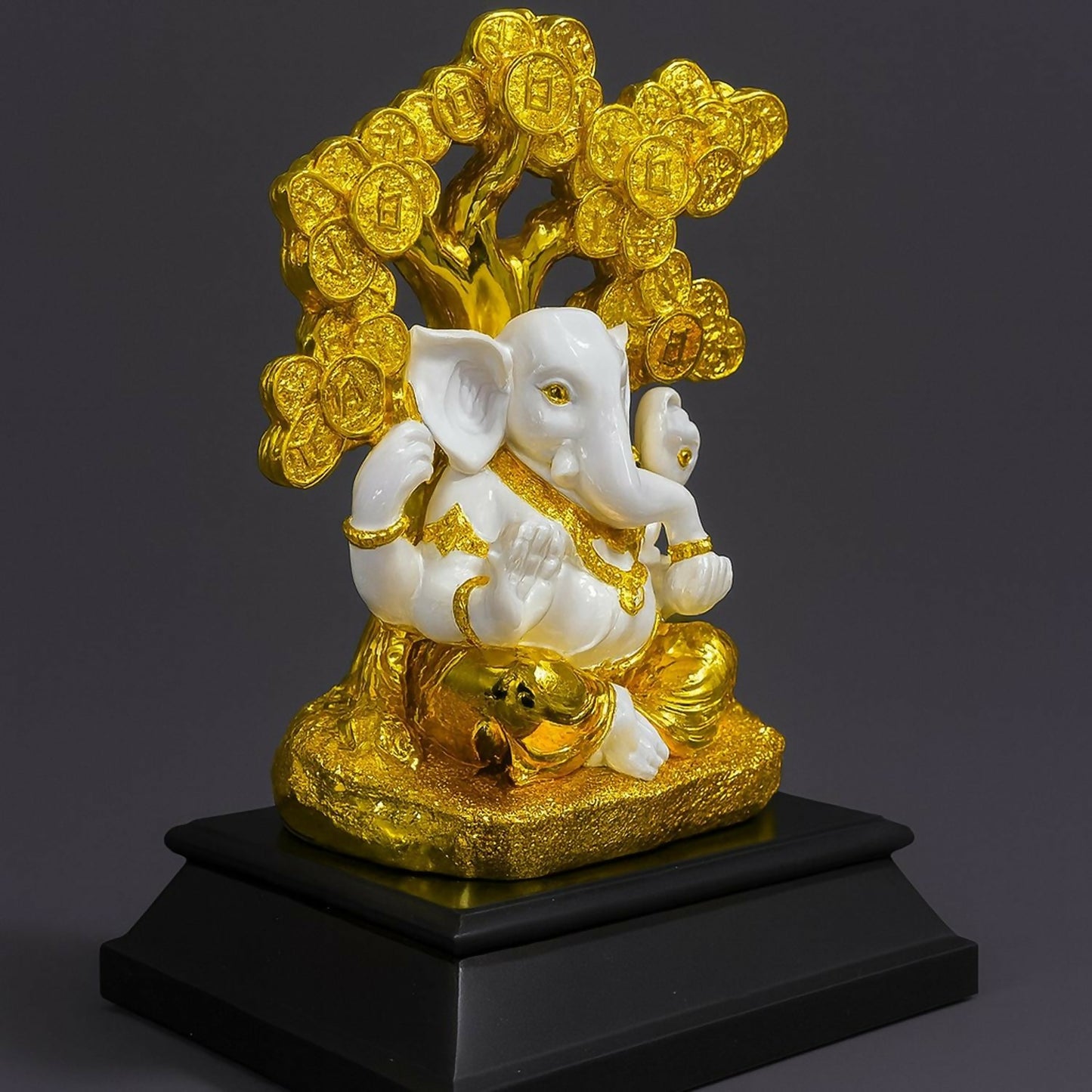 Divine Lord Ganesha Idol with Money Tree | White & Golden Ganpati Murti for Home Temple, Office Desk, Car Dashboard & Gift | Vastu Positive Energy Decorative Showpiece for Puja, Diwali, Housewarming & Festive Gifting