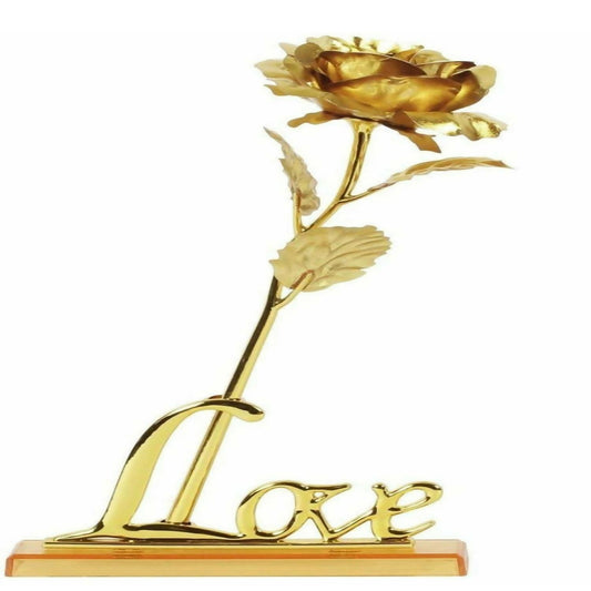 Premium LOVE Golden Rose Showpiece with Stand | 24K Gold Foil Artificial Rose with Love Base for Romantic Gifts | Ideal for Anniversary, Birthday, Valentine’s Day, Proposal & Home Decor | Elegant Golden Decorative Rose