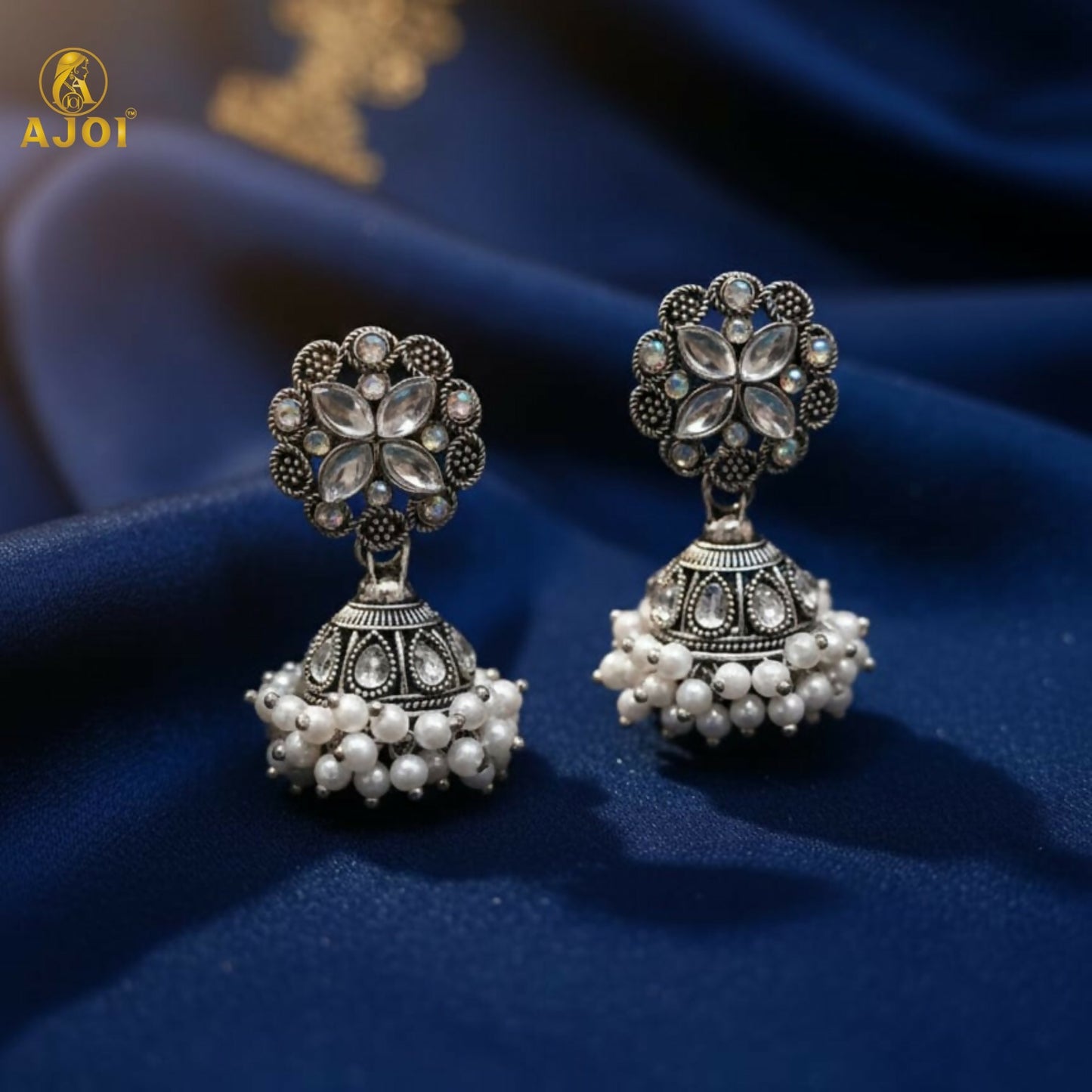 Elegant Silver Oxidized Floral Jhumka Earrings with Pearl Drops