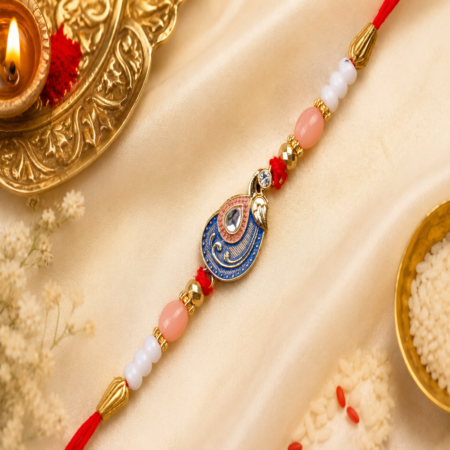 A red, blue, and gold peacock charm bracelet with pink and white beads lies on a gold satin cloth, next to a lit diya and