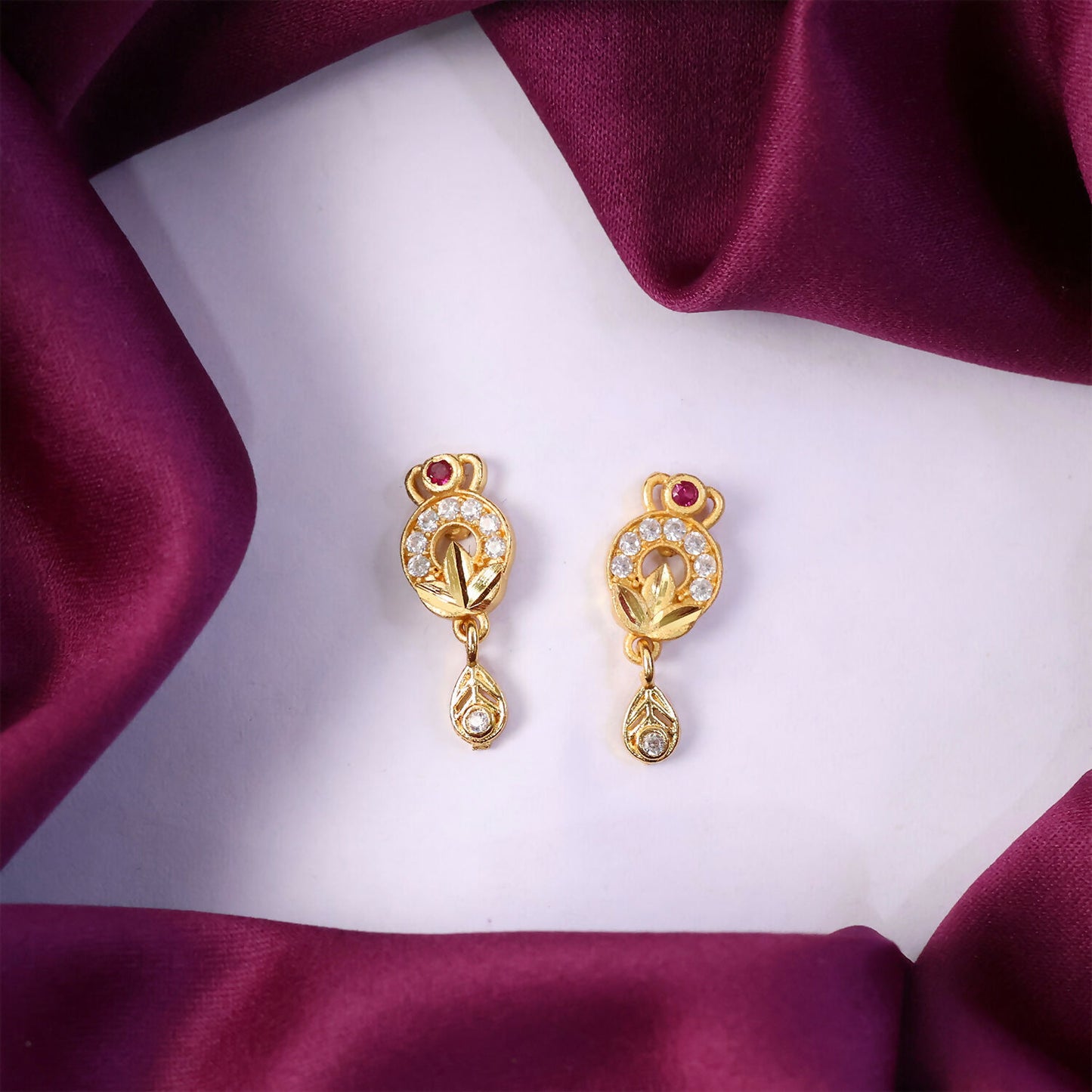 Gold Floral Drop Earrings with Ruby and White Stones (1 Pair)