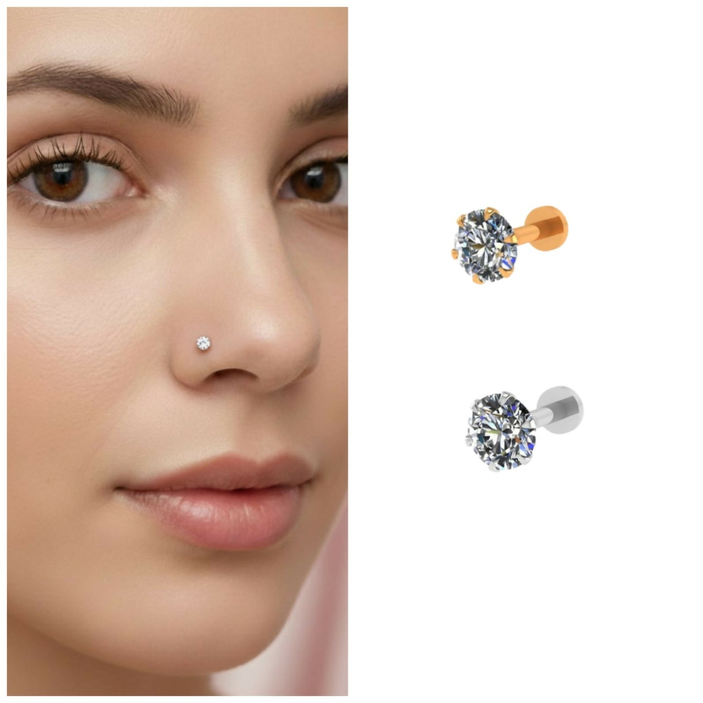 Gold & silver plated nospin stud Labret Piercing for women and girls Combo Pack of 2
