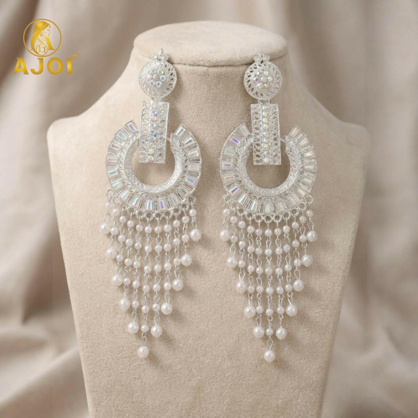 Silver-Tone Pearl Tassel Statement Earrings