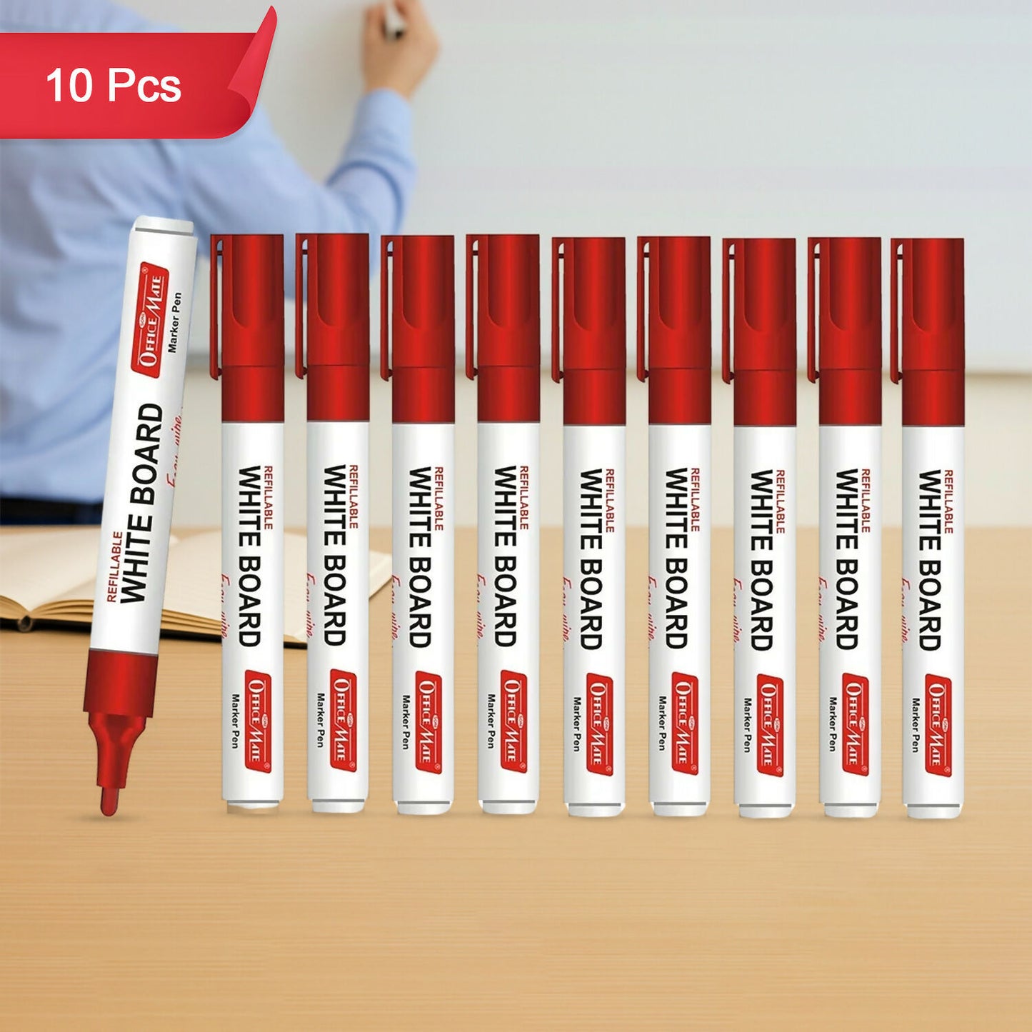 Refillable Red Whiteboard Marker Pen Set of 10 with Bullet Tip for Office, School & Teaching Use