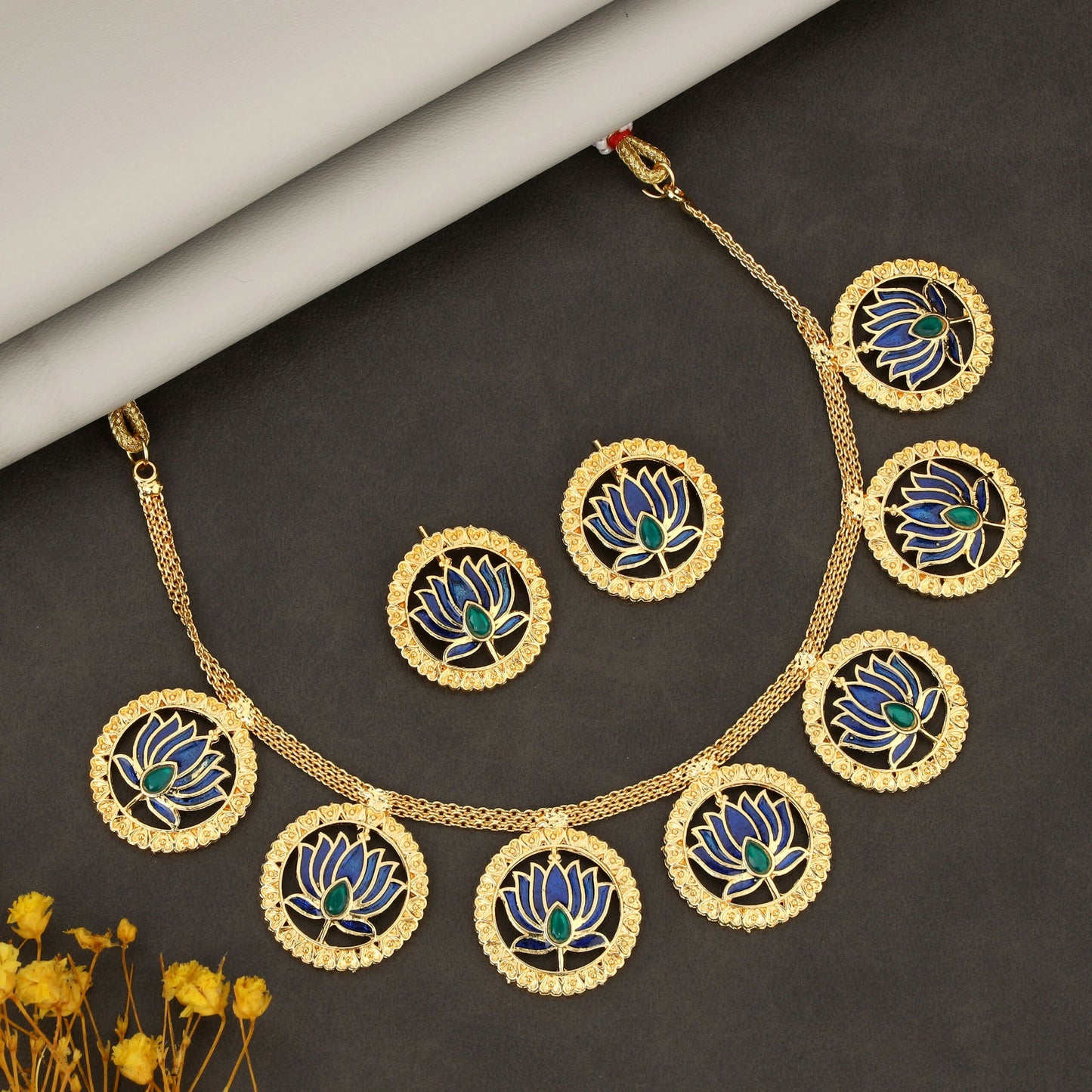 Bold Gold-Tone Blue-Green Mina Work Crystal & Pearl Choker Set